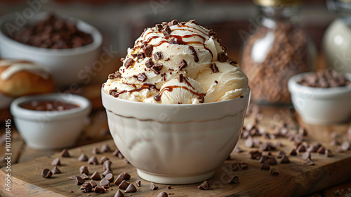 Chocolate chip Ice cream in white bowl on table