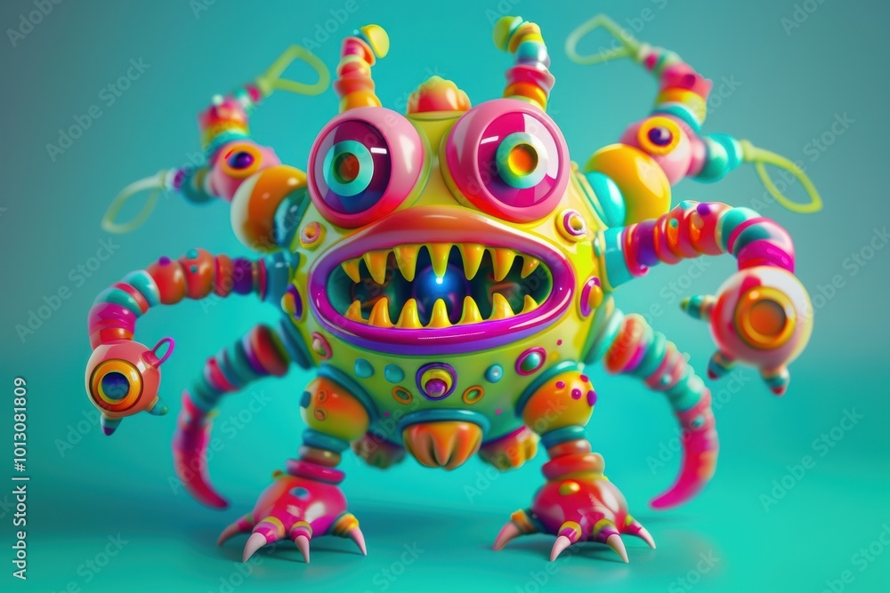 Quirky 3D monster character with a hybrid design of organic and mechanical elements, featuring bold colors, multiple eyes or limbs, and a mischievous grin. Quirky 3D monster character with a hybrid design of organic and mechanical elements, featuring bold colors, multiple eyes or limbs, and a mischievous grin.