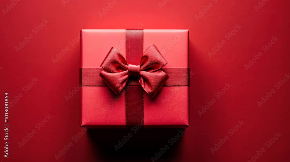 A red gift box with a satin bow sits on a red background A red gift box with a satin bow sits on a red background