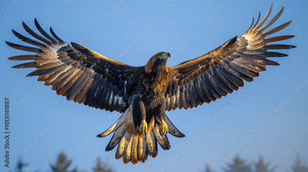 Obraz premium An eagle in full flight, with wings spread wide, glides over a mountainous landscape. The scene captures the bird's elegance and strength, symbolizing freedom and natural beauty.