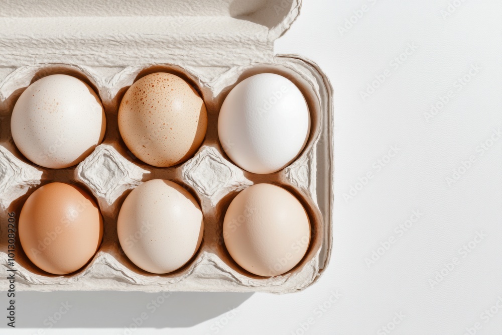 Chicken eggs resting in cardboard container on white background Chicken eggs resting in cardboard container on white background