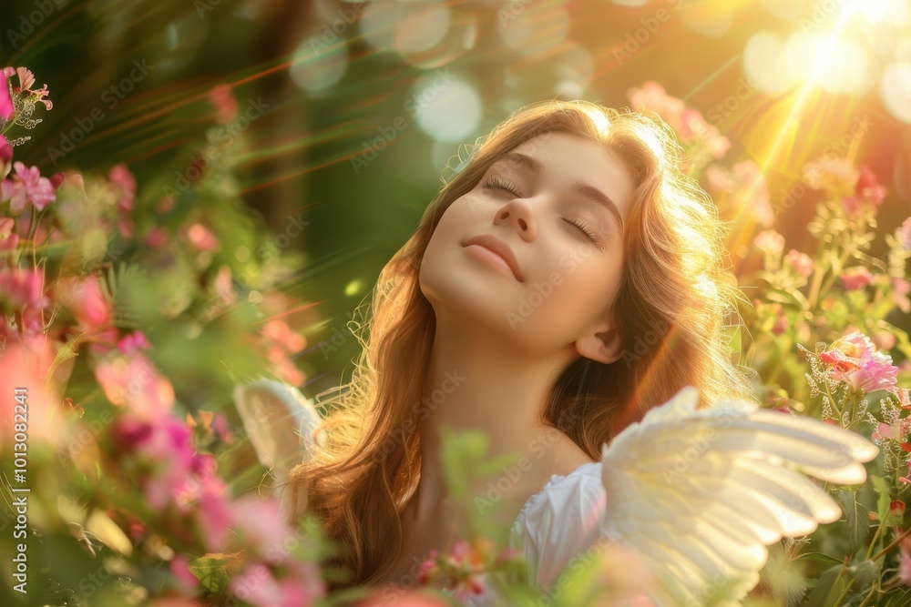 charming woman with angelic wings, standing in sunlit garden with soft, golden light surrounding flowers create a serene and magical atmosphere, highlighting her delicate beauty. charming woman with angelic wings, standing in sunlit garden with soft, golden light surrounding flowers create a serene and magical atmosphere, highlighting her delicate beauty.