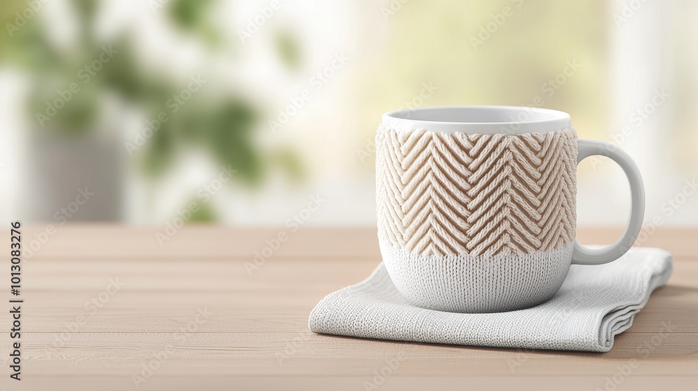Stylish ceramic mug with a decorative herringbone pattern resting on a soft cloth, perfect for showcasing beverages in a cozy setting. Stylish ceramic mug with a decorative herringbone pattern resting on a soft cloth, perfect for showcasing beverages in a cozy setting.