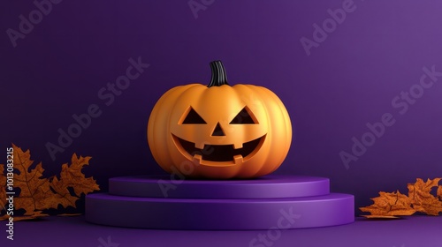 podium lantern jack box gift image o orange pumpkin mockup landscape 3d rendering poduim halloween autumn fall dark haunting jack orange face advertising template advertise promotion festival purple photo