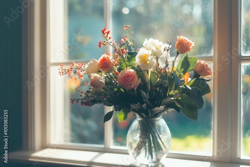 A colorful assortment of roses and subtle foliage fills a vase, catching golden sunlight streaming through a window. Generative AI