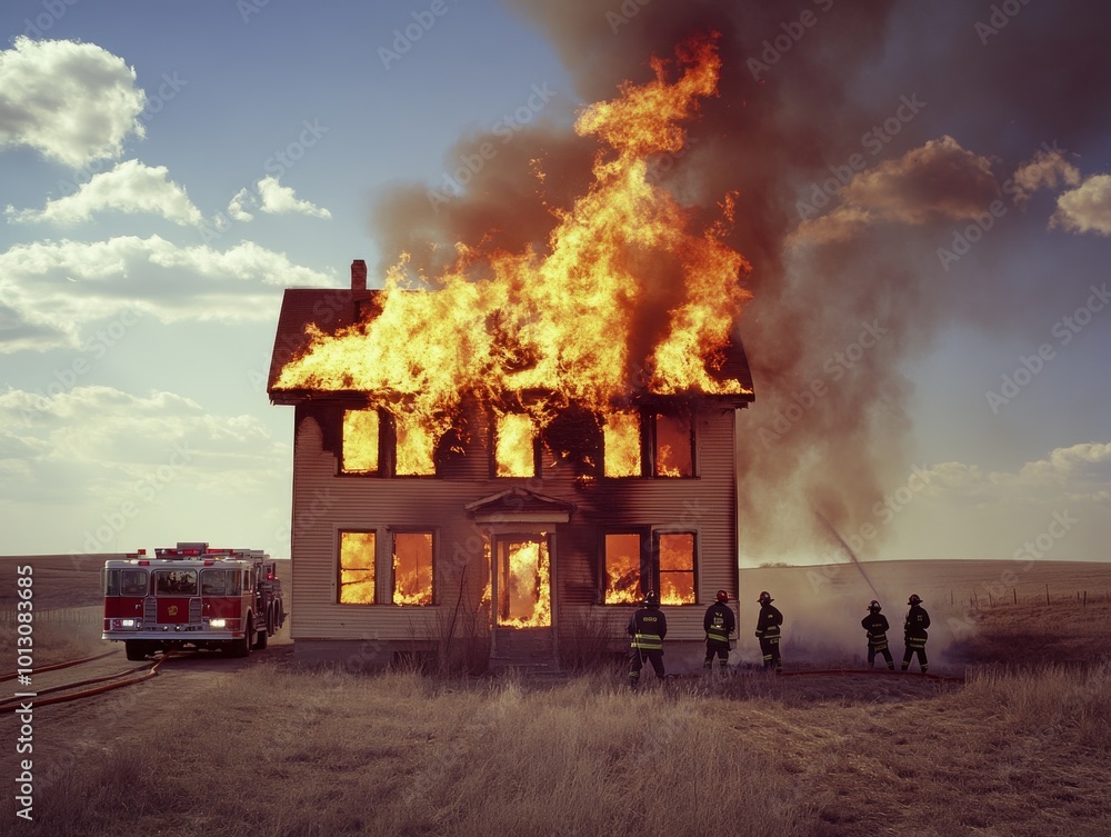 2408 8.A group of local firefighters conducting a controlled burn of an abandoned house in a rural setting. Bright flames blaze through the windows, with firefighters standing at a safe distance, 2408 8.A group of local firefighters conducting a controlled burn of an abandoned house in a rural setting. Bright flames blaze through the windows, with firefighters standing at a safe distance,