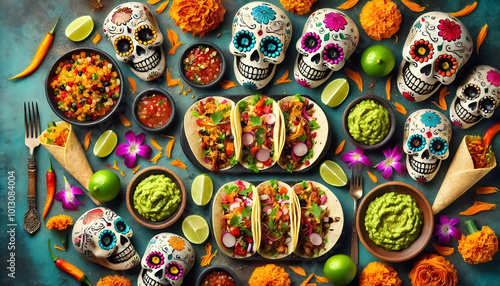 Flat lay of a Mexican food arrangement featuring tacos, guacamole, and festive skulls for Día de los Muertos.