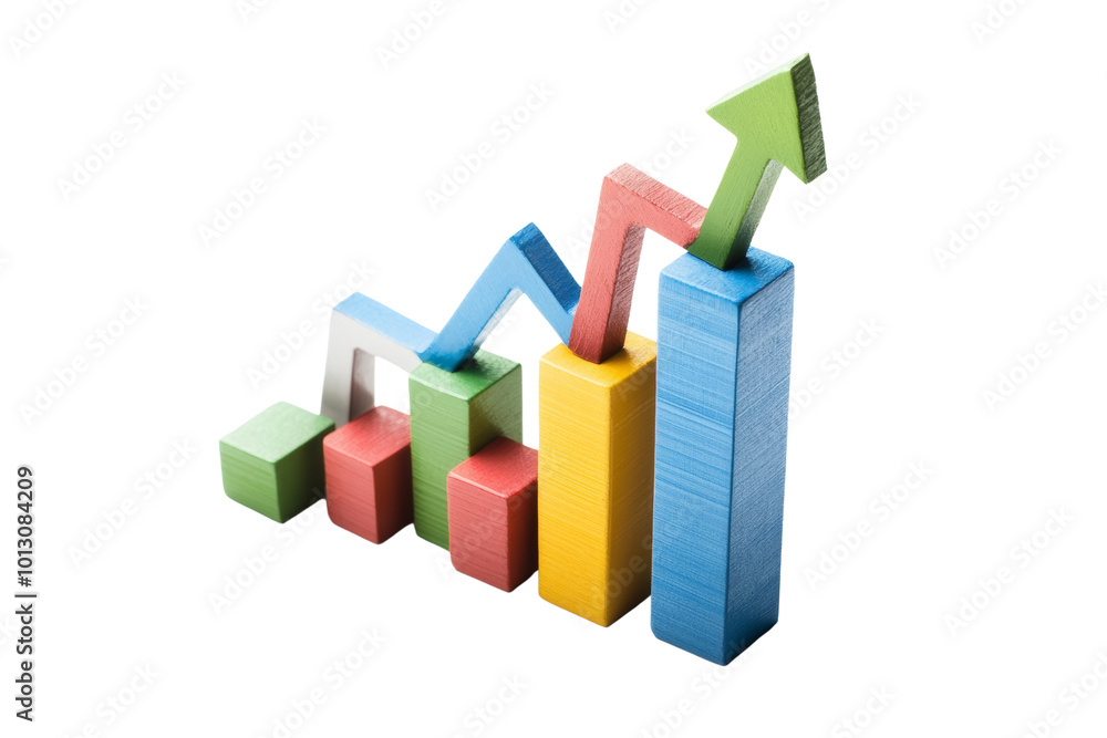 Colorful wooden blocks represent growth and progress in business analytics on a white isolated background. Colorful wooden blocks represent growth and progress in business analytics on a white isolated background.