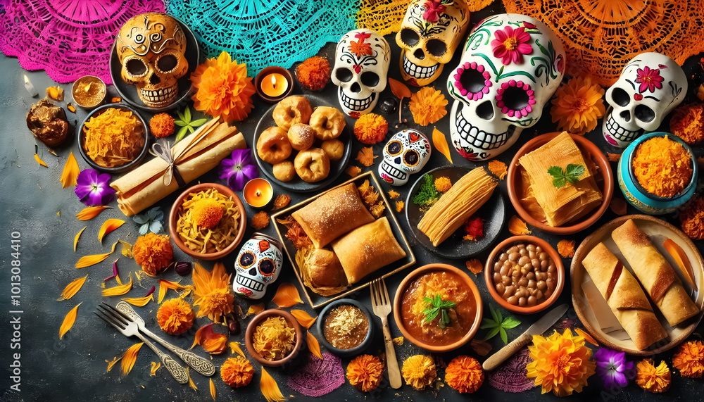 Day of the Dead Mexican food flat lay with vibrant, colorful decorations and empty space for text. Day of the Dead Mexican food flat lay with vibrant, colorful decorations and empty space for text.