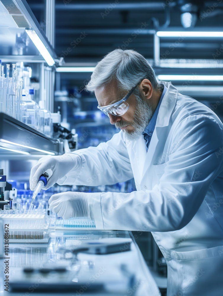 A scientist in a white lab coat and protective gear focuses on precise measurements and sample analysis during laboratory experiments. Generative AI A scientist in a white lab coat and protective gear focuses on precise measurements and sample analysis during laboratory experiments. Generative AI
