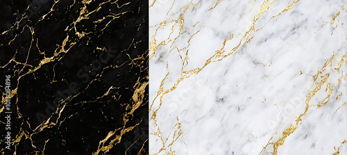 Abstract background image two halves of marble, one black with gold veins and one white with gold veins. 