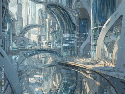 2408 34.A futuristic urban scene drawn in 3D, showcasing towering buildings with transparent glass facades, spiraling structures, and open spaces. The design emphasizes perspective and depth, with