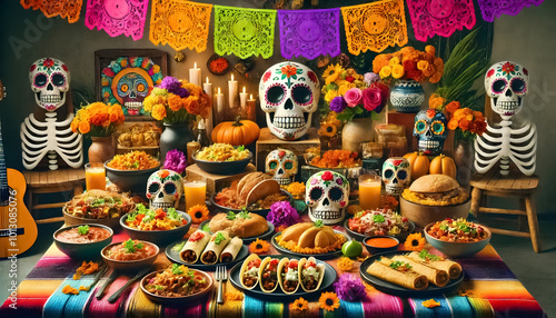 Front view of colorful Mexican food spread, with Day of the Dead decorations in the background.