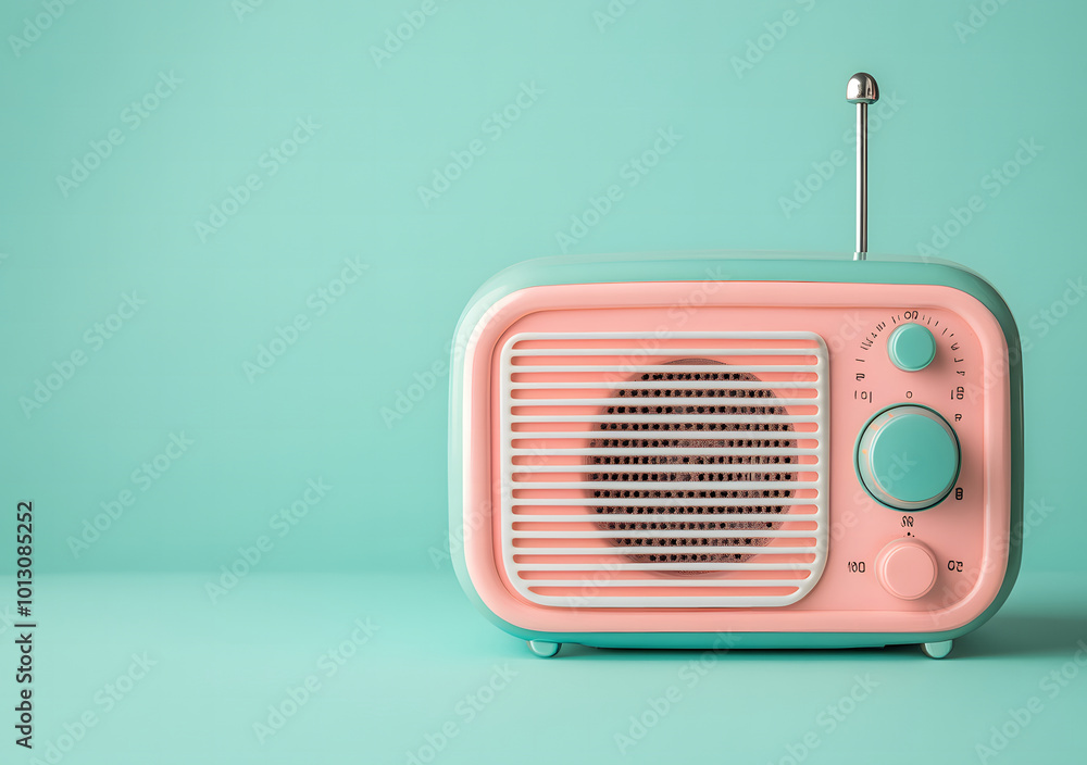 Obraz premium Antilo radio illustration design, 80s and 90s, retro colors on pastel green pink neon light background, copy space design