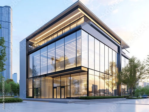 2408 43.A 3D rendering of a commercial office building, featuring contemporary architectural elements such as angular glass facades and steel accents. The scene is set with a wide sidewalk, elegant