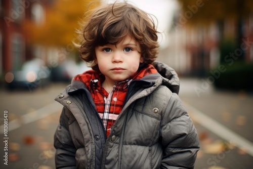 Outdoor portrait of cute little boy with curly hair in the city