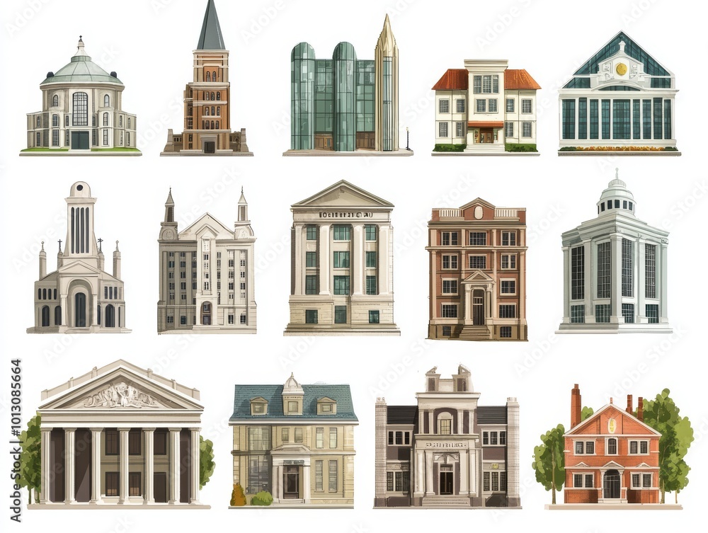 Fototapeta premium 2408 51.A detailed illustration set featuring exterior facades of key urban buildings, including a grand university with stone columns, a modern glass-paneled hotel, and a traditional church with a