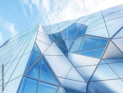 2408 57.A dynamic angle of a modern building, highlighting its sharp, engineered design. The aluminum composite panels form a sleek, metallic surface, while large glass windows allow for natural
