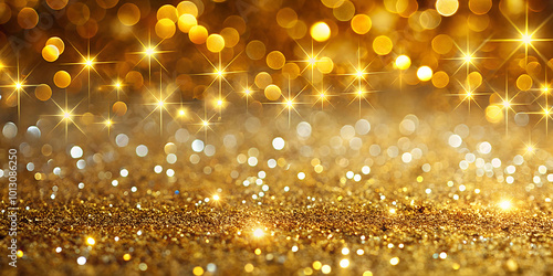 A shimmering backdrop of golden glitter sparkles, evoking the festive spirit of Christmas.