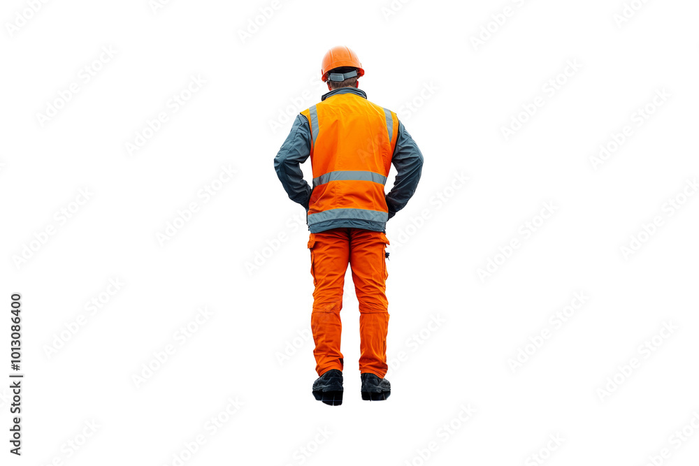 Construction worker in safety gear, standing with hands behind back, isolated on white background. Construction worker in safety gear, standing with hands behind back, isolated on white background.