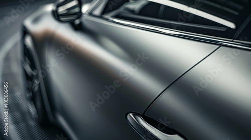 Closeup of a matte grey car paint finish with a subtle texture that gives the car a sophisticated and modern look.