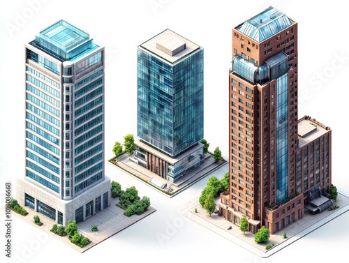 2408 68.A detailed isometric set of modern city buildings, including a contemporary office block with tinted glass windows, a minimalist residential building, and a high-rise hotel. The buildings are photo