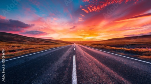 Vibrant sunset over an empty road stretches into the horizon, colors dance in the sky inviting adventure and exploration ahead.