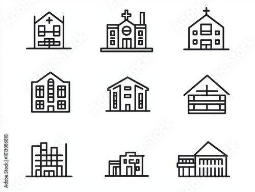 2408 75.A set of flat, line-drawn building icons in black, showcasing diverse structures like a house with a chimney, a hospital with a medical cross, a school with large windows, and a modern office