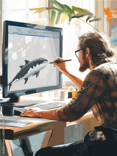 Vector illustration of an artist sketching on a computer screen, creating a sea creature. Ideal for digital creativity and artistic process themes.