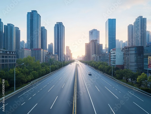 2408 89.A wide-angle shot of a straight highway running through the cityscape of Chongqing, where sleek modern buildings are bathed in the first rays of sunrise. The road is clean and empty, offering