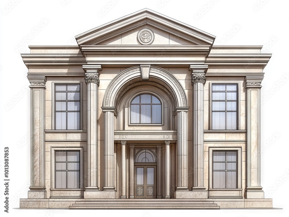 2408 101.A detailed front view of a grand bank building, featuring large stone columns, an arched entrance, and a decorative facade. The buildingâ€™s design conveys strength and stability, with