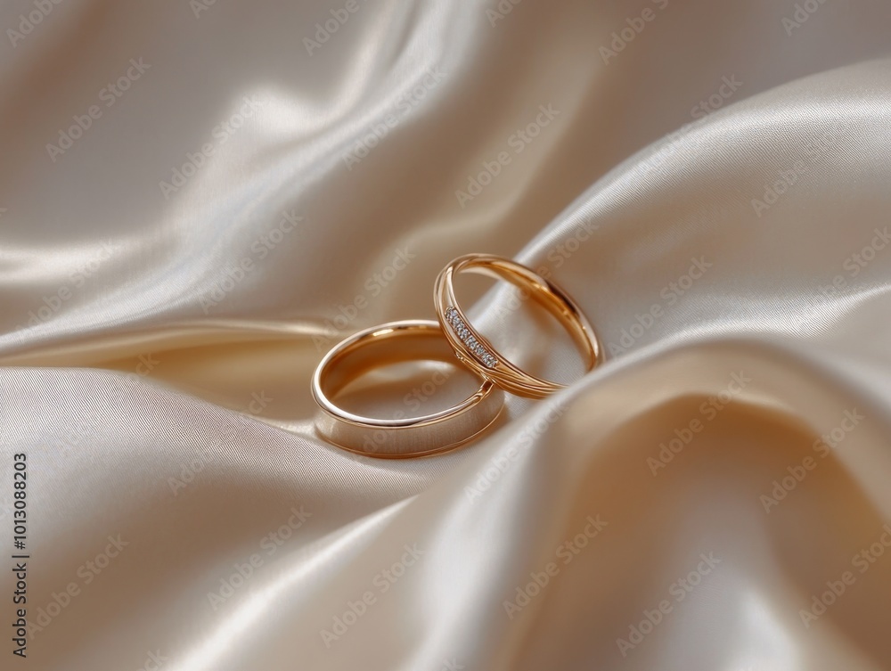 2408 107.A close-up of two classic gold wedding rings placed delicately on a smooth satin surface. The gentle pleats of the fabric form soft waves around the rings, highlighting their timeless 2408 107.A close-up of two classic gold wedding rings placed delicately on a smooth satin surface. The gentle pleats of the fabric form soft waves around the rings, highlighting their timeless