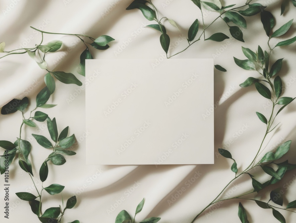 Naklejka premium 2408 112.A minimalist white wedding invitation card placed on a soft, neutral background, accented by delicate green botanical decor. The blank card offers ample space for design, while the