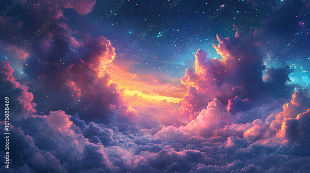 Brightly colored clouds drifting through a night sky full of stars, symbolizing the limitless possibilities of dreams Brightly colored clouds drifting through a night sky full of stars, symbolizing the limitless possibilities of dreams