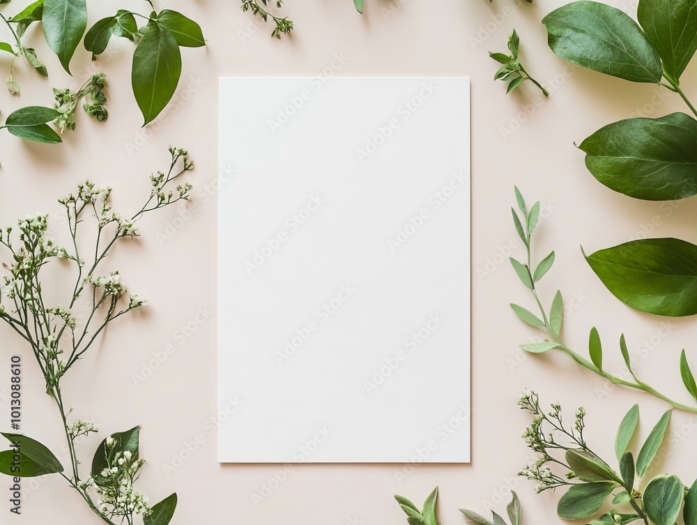 Naklejka premium 2408 116.A white wedding invitation card mockup set on a soft background, framed by botanical decor featuring delicate green leaves and small floral accents. The clean, blank card provides space for