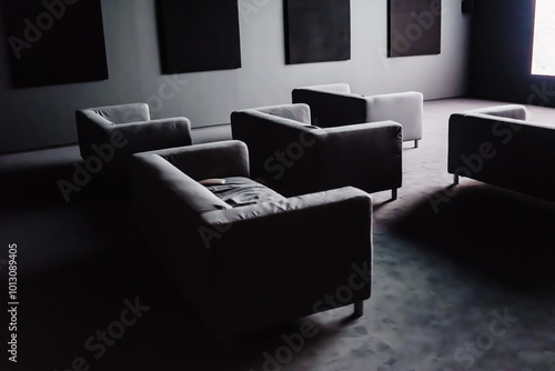 Dark Cinema with Sofas Illuminated by the Screen Infront of them