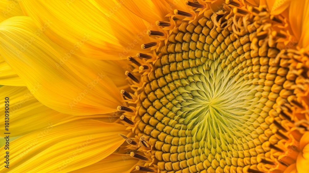 close-up of a sunflower head, revealing the Fibonacci sequence evident close-up of a sunflower head, revealing the Fibonacci sequence evident
