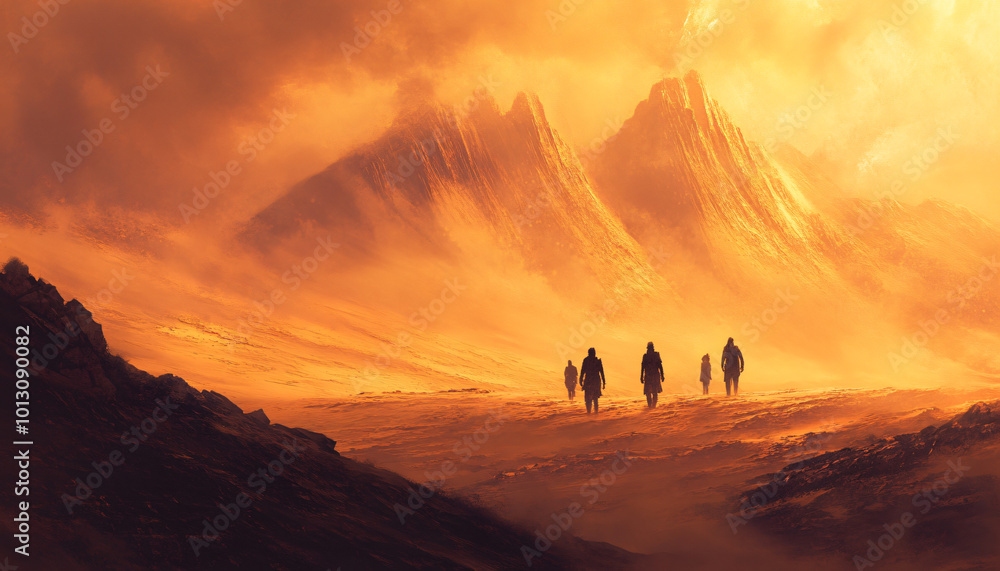 Capture people walking across a barren desert landscape, emphasizing isolation and the vastness of their surroundings Capture people walking across a barren desert landscape, emphasizing isolation and the vastness of their surroundings