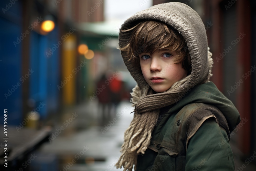 Portrait of a boy in a cap and scarf on the street Portrait of a boy in a cap and scarf on the street