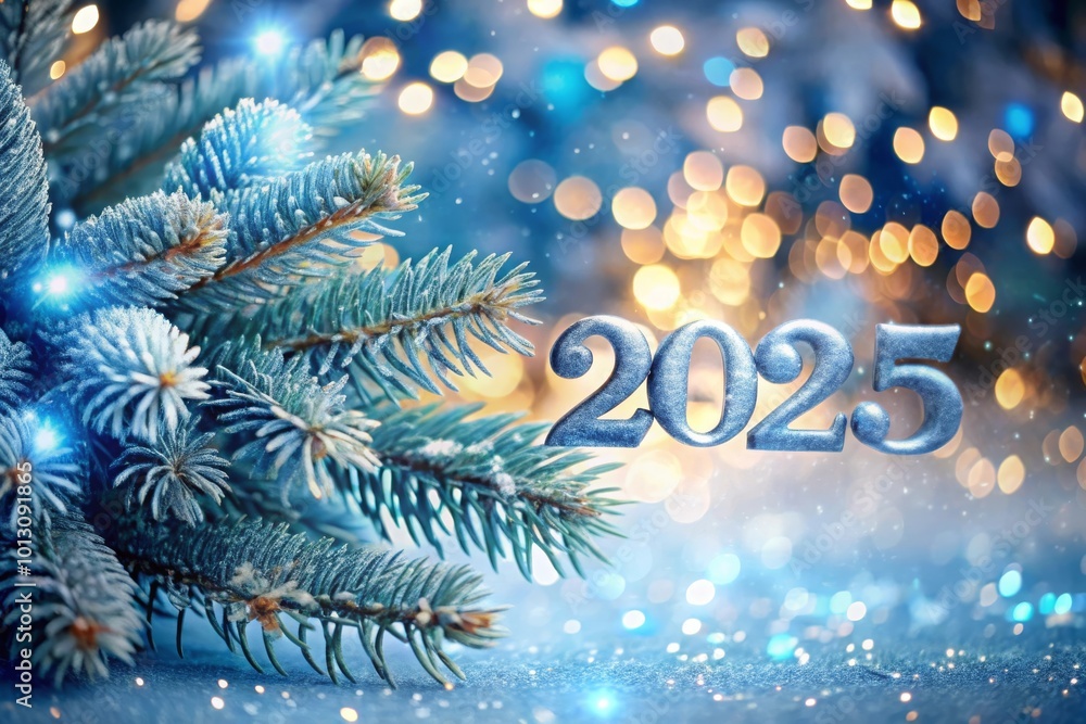 Snowy branch with 2025 and sparkling lights, New Year background Snowy branch with 2025 and sparkling lights, New Year background