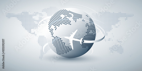 Traveling Around the World - Aviation, Travel by Airplane Concept - World Map and Transparent Earth Globe Design - Airplane Flying Round the Globe, En Route to an Intercontinental Destination