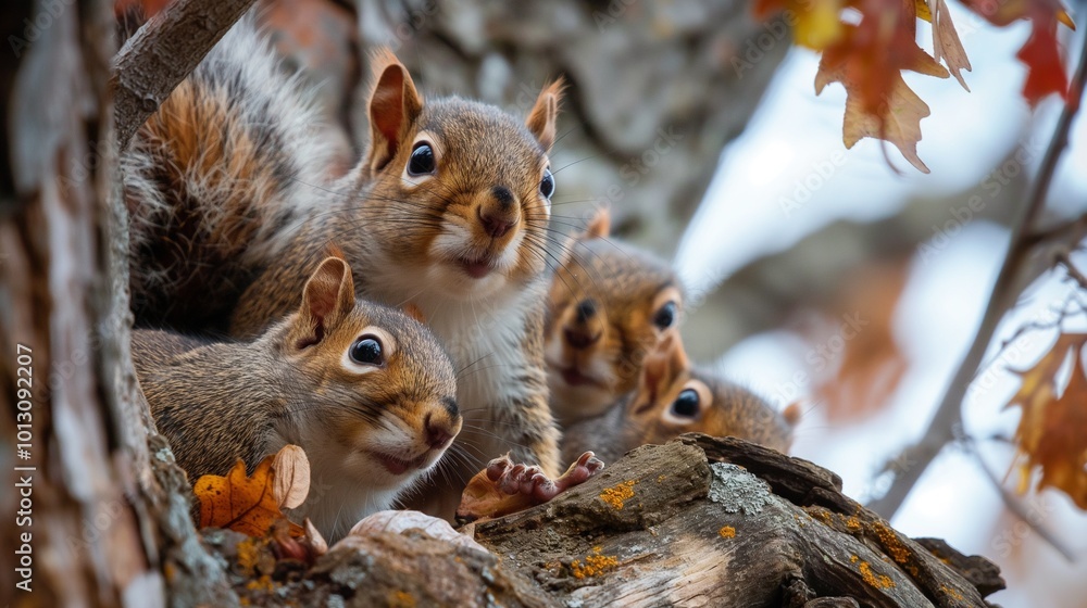 family of squirrels gathering nuts in a tree family of squirrels gathering nuts in a tree