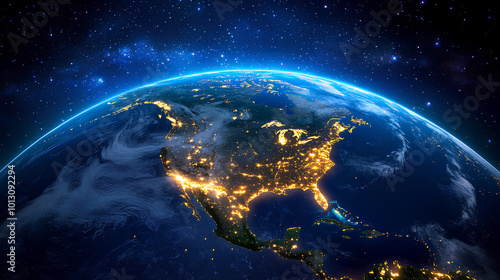 Fototapeta Naklejka Na Ścianę i Meble -  glowing earth from space north america at night with city lights and celestial wonders digital 