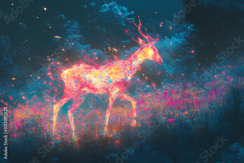 Surreal, glowing animals made of shifting colors roaming through an abstract landscape, symbolizing the creatures of the mind photo