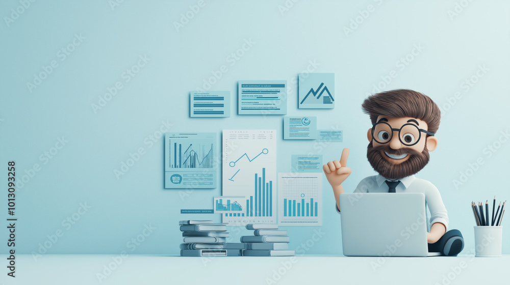 3D cartoon illustration of a businessman showing charts on a laptop screen. Financial advisor concept 3D cartoon illustration of a businessman showing charts on a laptop screen. Financial advisor concept