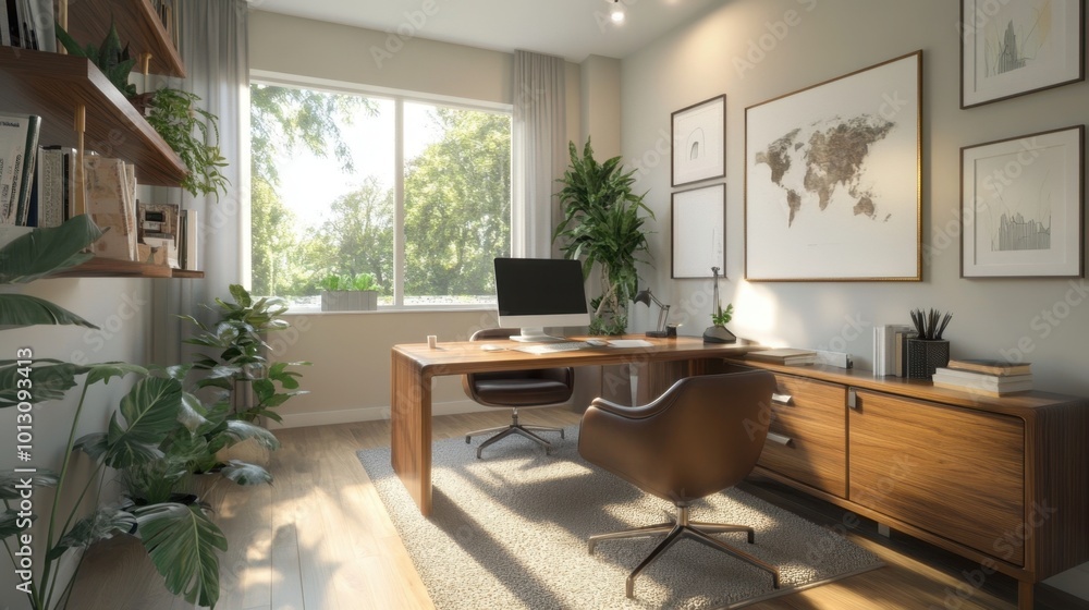 A modern home office with a clean, minimalist design, featuring a wooden desk, stylish decor, and potted plants, creating a serene workspace atmosphere. A modern home office with a clean, minimalist design, featuring a wooden desk, stylish decor, and potted plants, creating a serene workspace atmosphere.