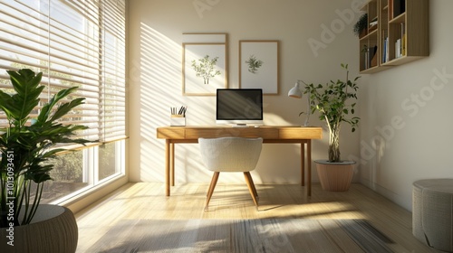 Wallpaper Mural A modern home office with a clean, minimalist design, featuring a wooden desk, stylish decor, and potted plants, creating a serene workspace atmosphere. Torontodigital.ca