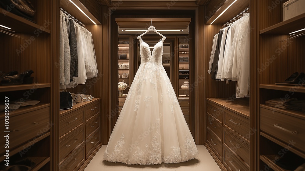 white wedding dress hanging elegantly in a walk-in closet white wedding dress hanging elegantly in a walk-in closet