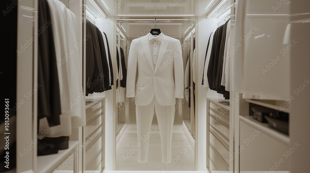 dazzling white wedding suit hanging elegantly in a walk-in closet dazzling white wedding suit hanging elegantly in a walk-in closet