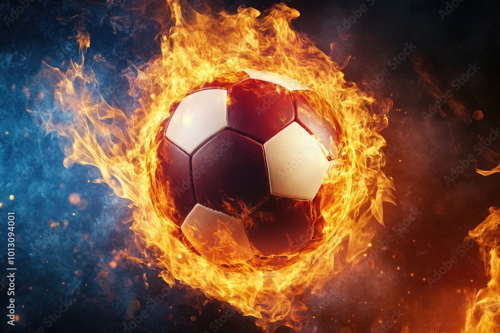 Fototapeta premium A soccer ball on fire in the center of a graphic design